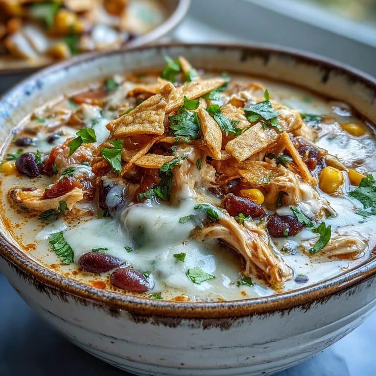 A hearty Easy Chicken Tortilla Soup bowl with shredded chicken, black beans, corn, and creamy melted cheese.