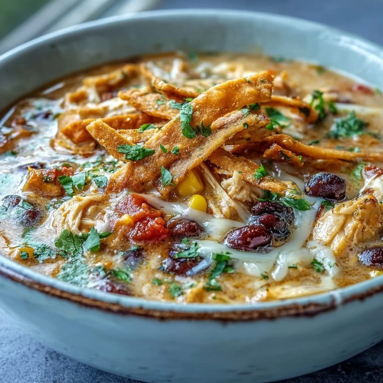 Creamy Easy Chicken Tortilla Soup garnished with lime wedges, cilantro, and jalapeños in a rustic ceramic bowl.