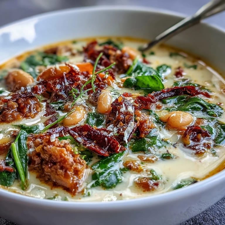A ladle pouring Creamy Tuscan White Bean Soup With Sausage into a bowl alongside crusty bread.