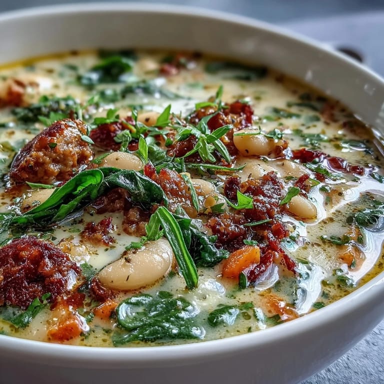 Close-up of Creamy Tuscan White Bean Soup With Sausage featuring sausage crumbles, carrots, and wilted spinach.