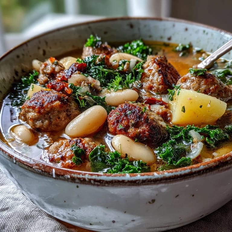 Close-up of Tuscan White Bean Sausage Soup in a white bowl, garnished with Parmesan cheese, served alongside crusty artisan bread for dipping.