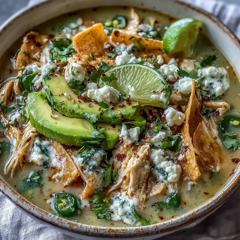 Creamy Chicken Tortilla Soup simmering in a pot with shredded chicken, peppers, and a ladle.