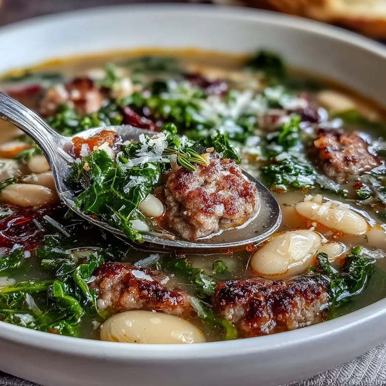 Close-up of Italian White Bean Soup with Kale and Sausage featuring creamy beans, vibrant green kale, and chunky sausage pieces.