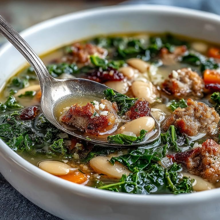 Spoon dipping into a cozy pot of Italian White Bean Soup with Kale and Sausage, showing rich broth and roasted garlic.