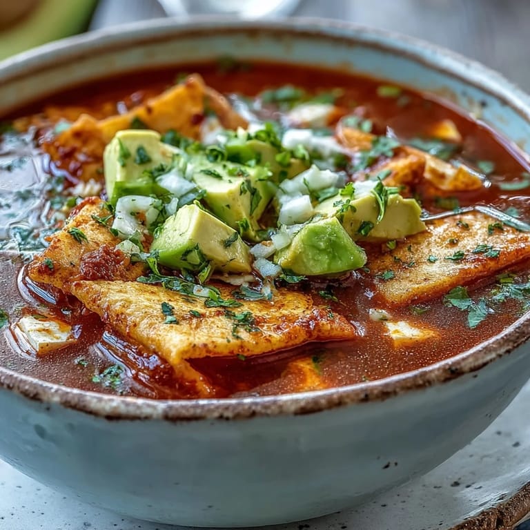 Steaming bowl of Sopa Azteca with golden tortilla strips submerged in rich red broth, topped with crumbled panela, avocado chunks, and a lime wedge on the side.