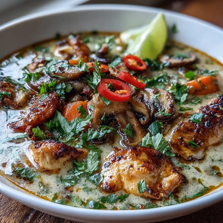 Close-up of Thai Coconut Curry Soup, showing rich coconut broth with chicken, mushrooms, and carrots, ready to be enjoyed with jasmine rice.