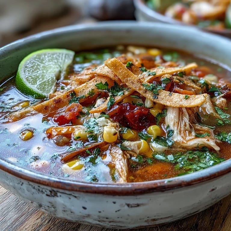 Homemade Best Chicken Tortilla Soup served in a rustic bowl with lime wedges and fresh avocado.