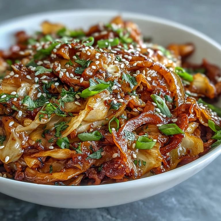 Freshly cooked Hot and Sour Cabbage garnished with toasted sesame seeds, ideal alongside steamed rice.