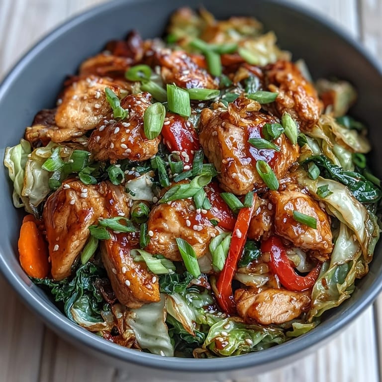 Delicious serving of Chicken Cabbage Stir-Fry plated next to chopsticks and a bowl of fluffy white rice, ready to eat.