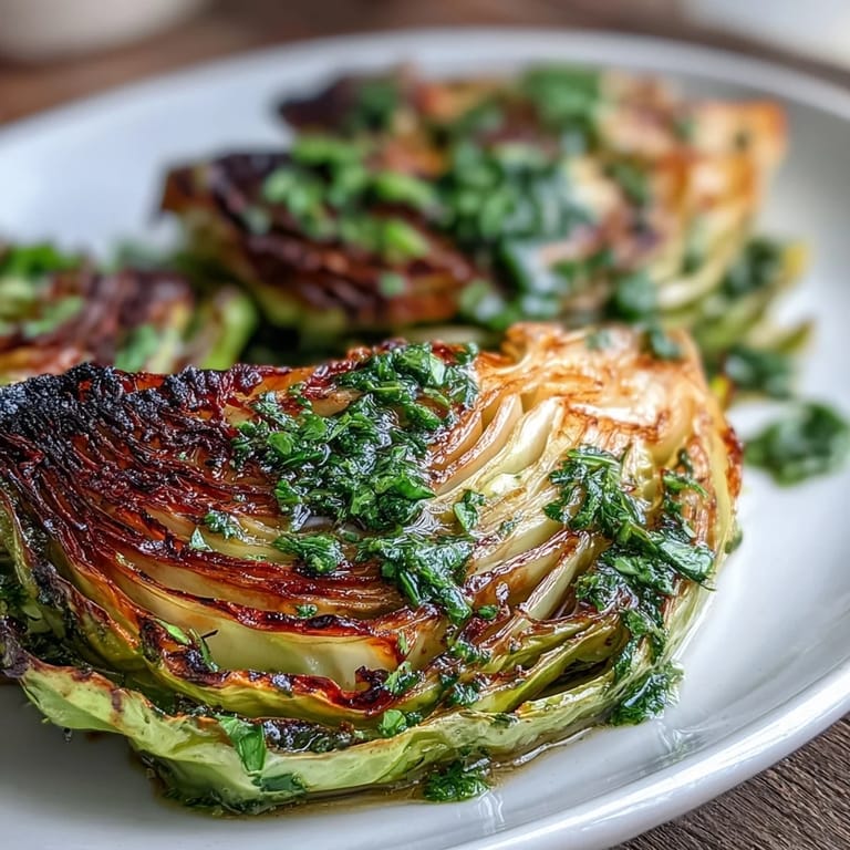 Juicy, crispy cabbage steaks drizzled with spicy jalapeño chimichurri for a plant-based meal.