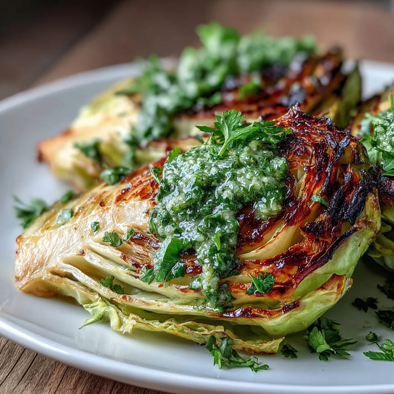 Roasted cabbage steaks with jalapeño chimichurri served on white plate with fresh herbs.