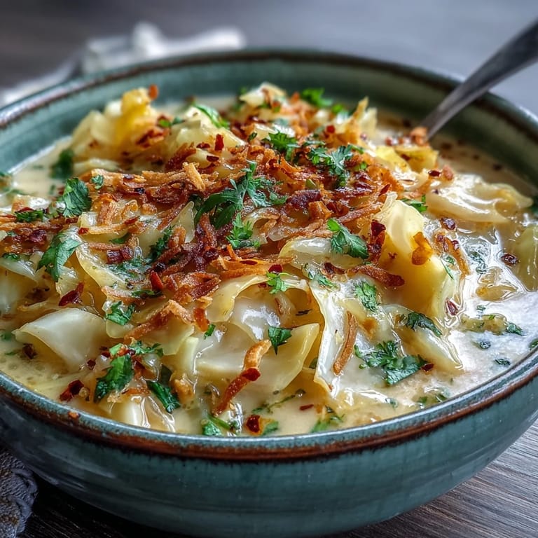 A close-up of tender Coconut Braised Cabbage in a rich, spiced coconut milk broth, steaming gently in a rustic skillet.