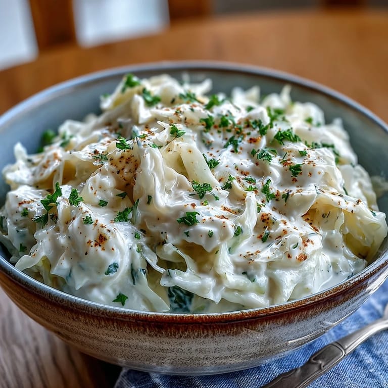 A warm skillet of golden Creamed Cabbage with nutmeg, nestled next to crusty bread for an easy weeknight side.