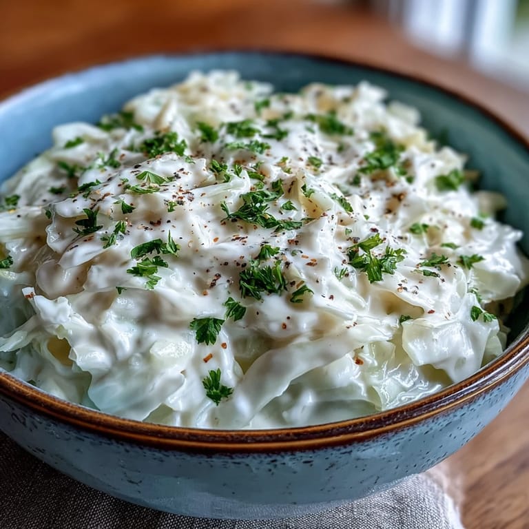 Shredded green cabbage sautéed and enveloped in a light, creamy sauce, plated as Creamed Cabbage with a parsley garnish.