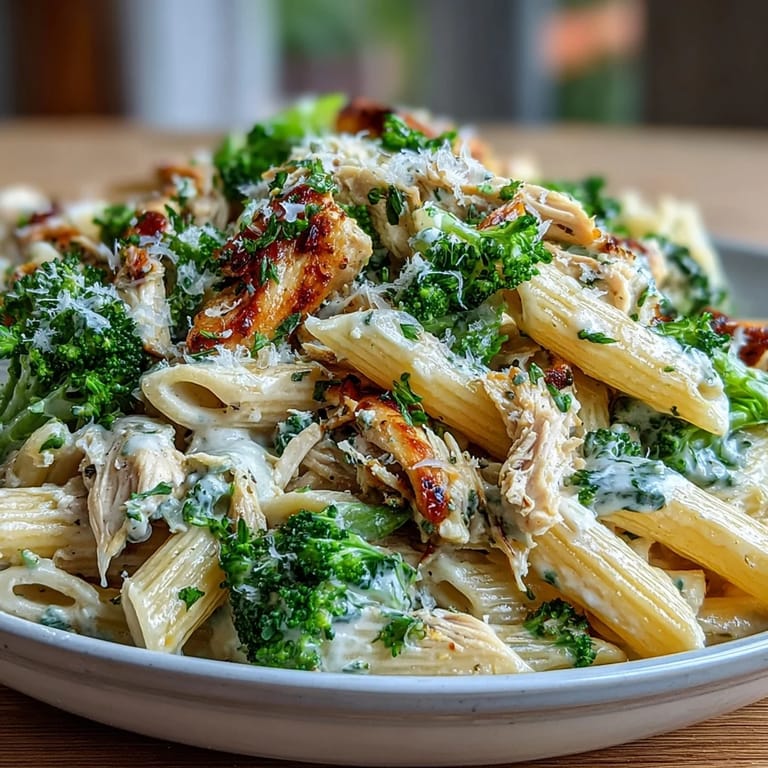 Savory garlic and fresh lemon zest brighten the silky sauce coating whole-wheat penne with tender chicken and broccoli.