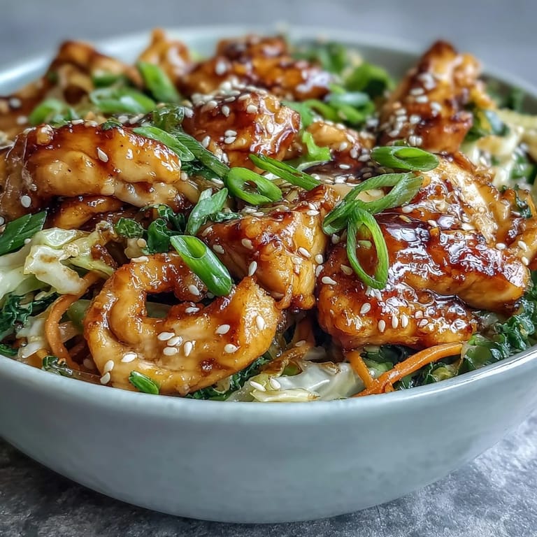 Steamy skillet of Egg Roll Bowls with Chicken and Cabbage topped with scallions, sesame seeds, and a drizzle of chili crisp oil.