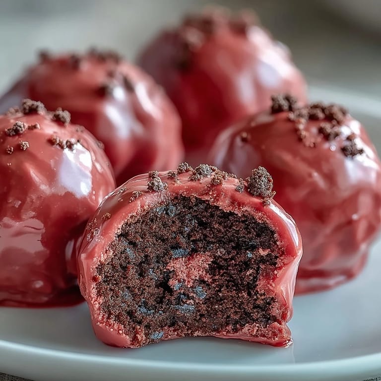 Freshly dipped Oreo Truffle Balls with pink candy coating, glistening under soft light and topped with tiny edible pearls.