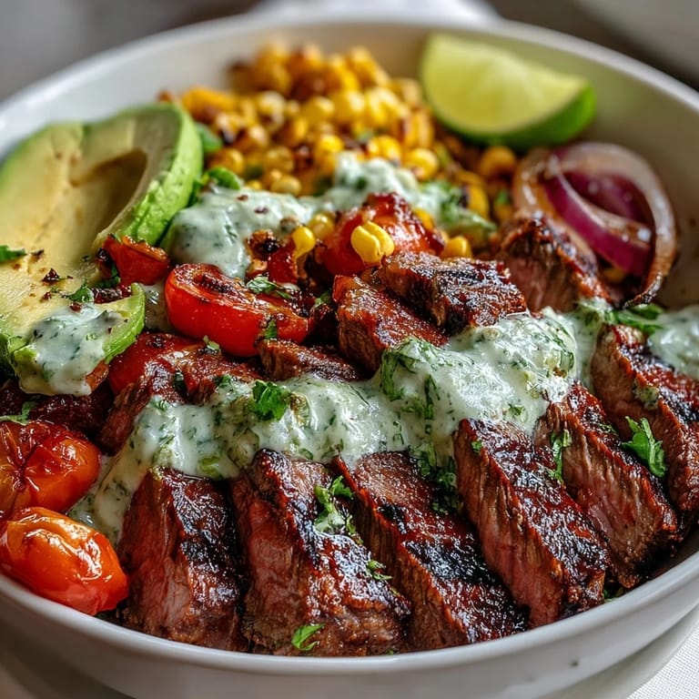 A colorful Tex-Mex dinner bowl features fluffy quinoa or rice topped with tender flank steak, smoky corn kernels, diced tomatoes, and a generous swirl of homemade cilantro cream sauce.