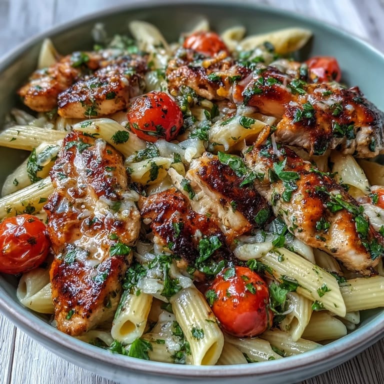 A close-up of Bruschetta Chicken Pasta reveals melted mozzarella and grated Parmesan with al dente penne tossed in a rich tomato sauce.