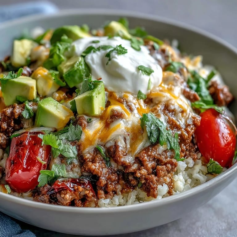 Low Carb Burrito Bowl topped with shredded lettuce, cheddar cheese, and creamy sour cream.