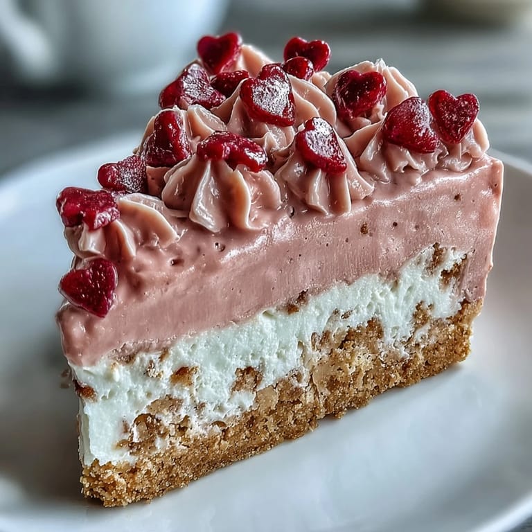 Frosted Candy Hearts Fake Cake topped with crunchy conversation hearts and rainbow sprinkles, served chilled on a dessert platter.