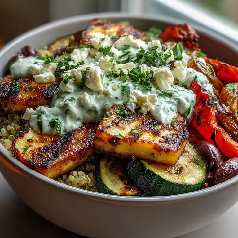 A vibrant bowl of grilled vegetables and halloumi atop nutty quinoa, served with cool tzatziki sauce. This wholesome, gluten-free Mediterranean meal is ready in about an hour and a half.