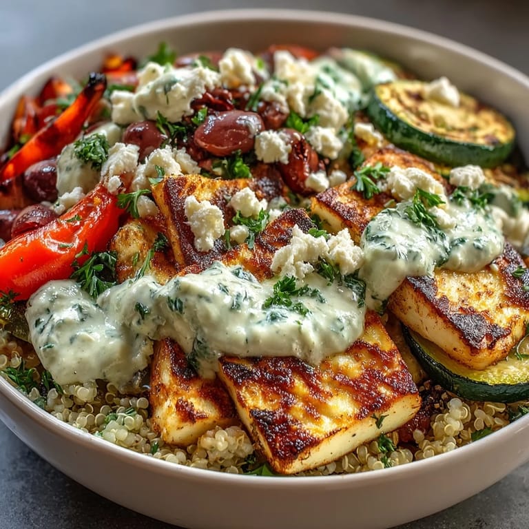 Close-up of the Healthy Grilled Mediterranean Bowl highlighting juicy grilled eggplant, chickpeas, and diced cucumber. A generous scoop of homemade tzatziki and parsley garnish finish this savory dish.