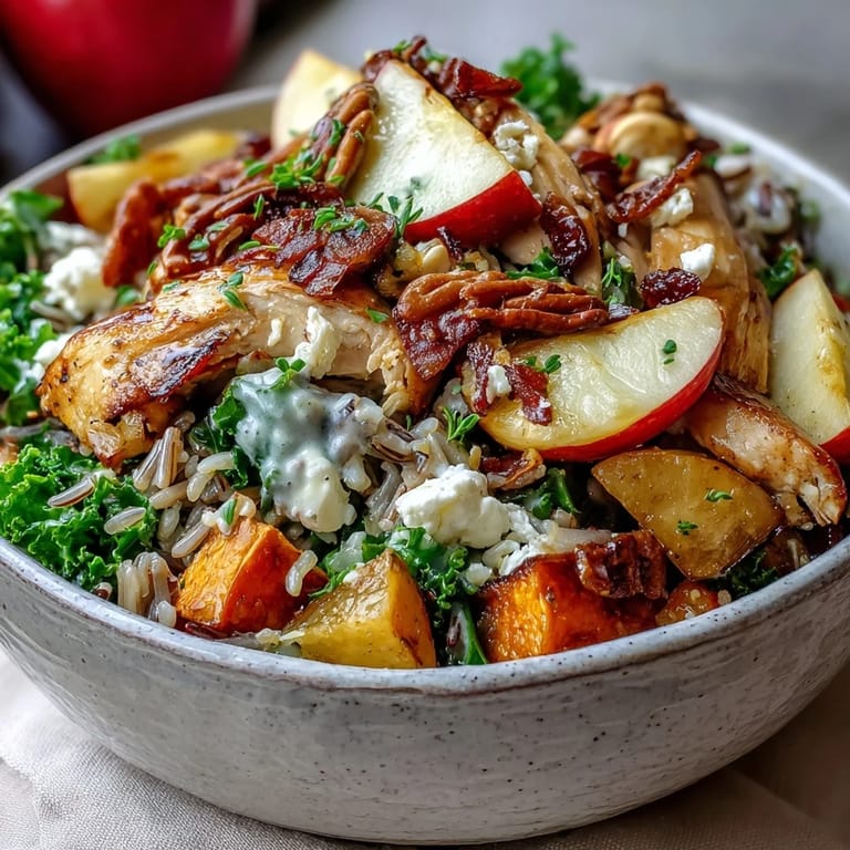 A close-up of a colorful Harvest Bowl reveals nutty wild rice, toasted almonds, and a generous drizzle of tangy balsamic dressing over hearty ingredients.