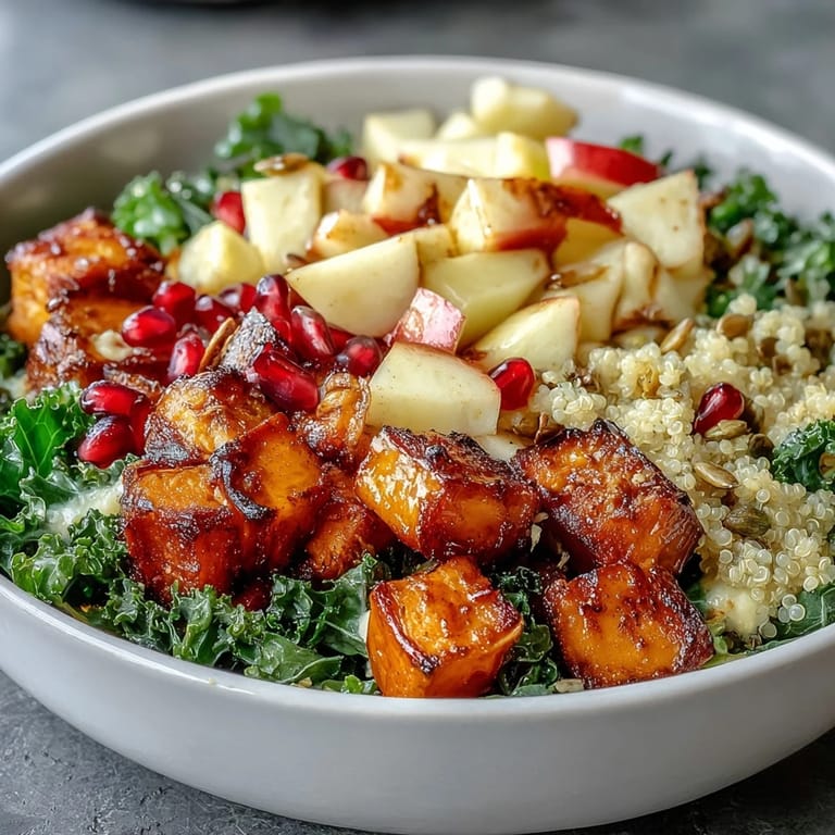 Roasted sweet potatoes and fluffy quinoa top massaged kale in this Kale Harvest Grain Bowl with apple and pepitas.