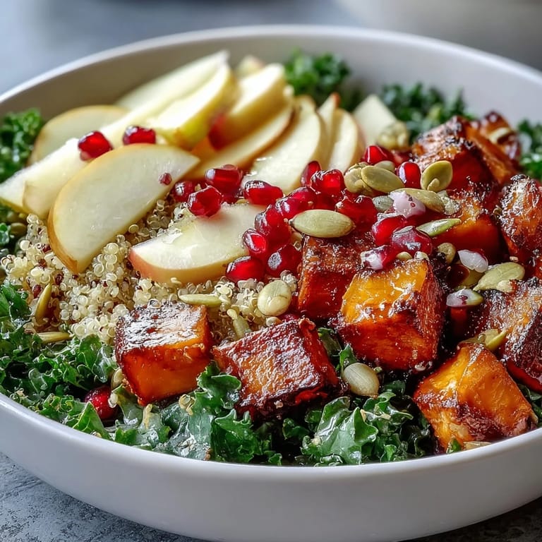 Healthy Kale Harvest Grain Bowl with tender kale, roasted sweet potatoes, pomegranate, and a tangy maple-Dijon dressing for four.