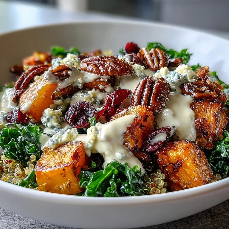 A hearty Harvest Kale Quinoa Bowl features crunchy pecans, sweet dried cranberries, and a generous drizzle of zesty lemon tahini dressing.  