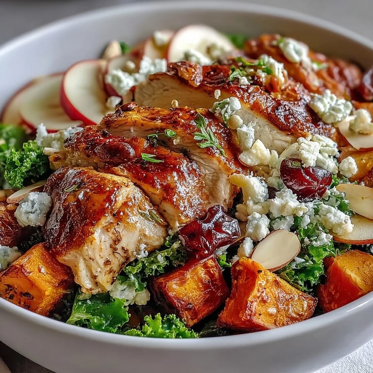 A warm Fall Sweet Potato Harvest Bowl topped with toasted almonds and drizzled with tangy balsamic vinaigrette.