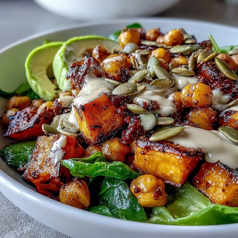 A warm, wholesome bowl of Roasted Sweet Potato and Chickpea Bowl featuring caramelized roots, crunchy chickpeas, and a drizzle of smoky chipotle tahini dressing.