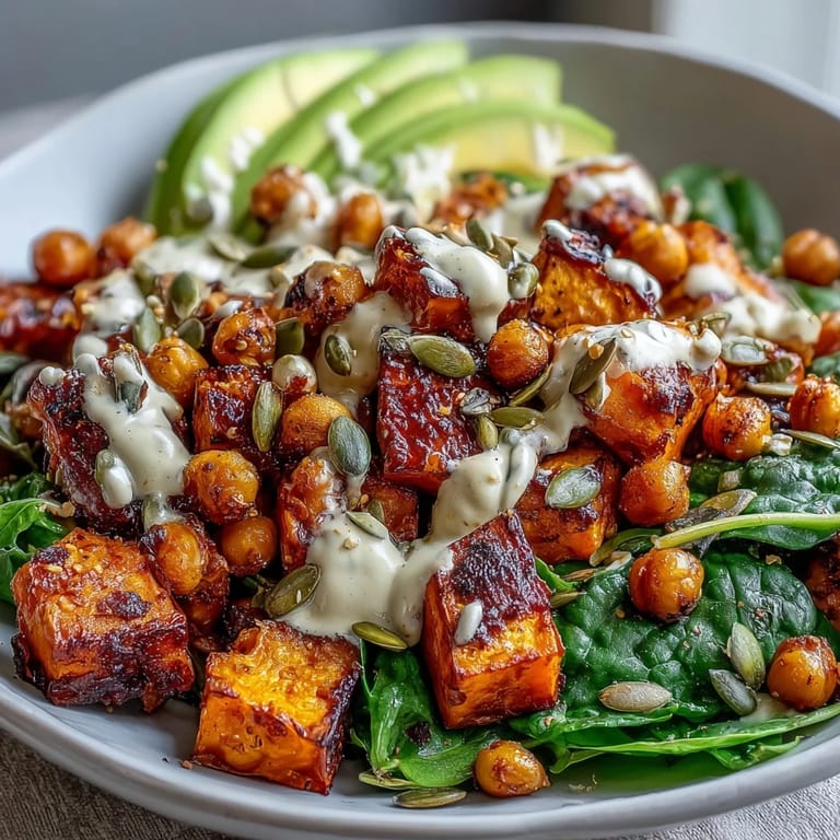 Savory Roasted Sweet Potato and Chickpea Bowl garnished with toasted pumpkin seeds, fresh cilantro, and rich chipotle tahini sauce over a bed of garlicky spinach.