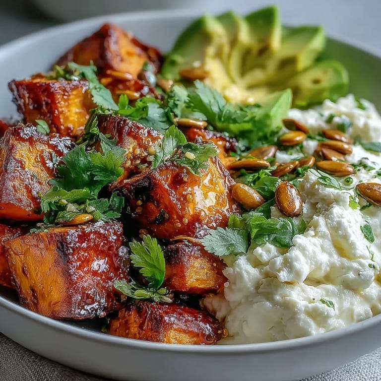 Crispy roasted sweet potatoes, creamy avocado, and a drizzle of hot honey make up this Hot Honey Sweet Potato Bowl.