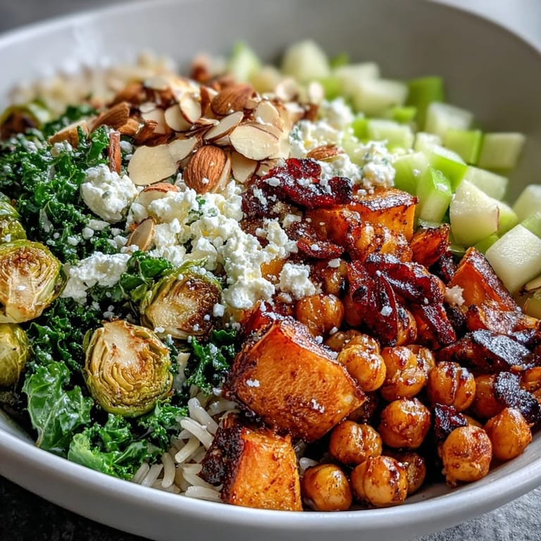 Vibrant Fall Harvest Bowl featuring roasted sweet potatoes, crispy chickpeas, fresh apple slices, and crunchy almonds over a bed of massaged kale.