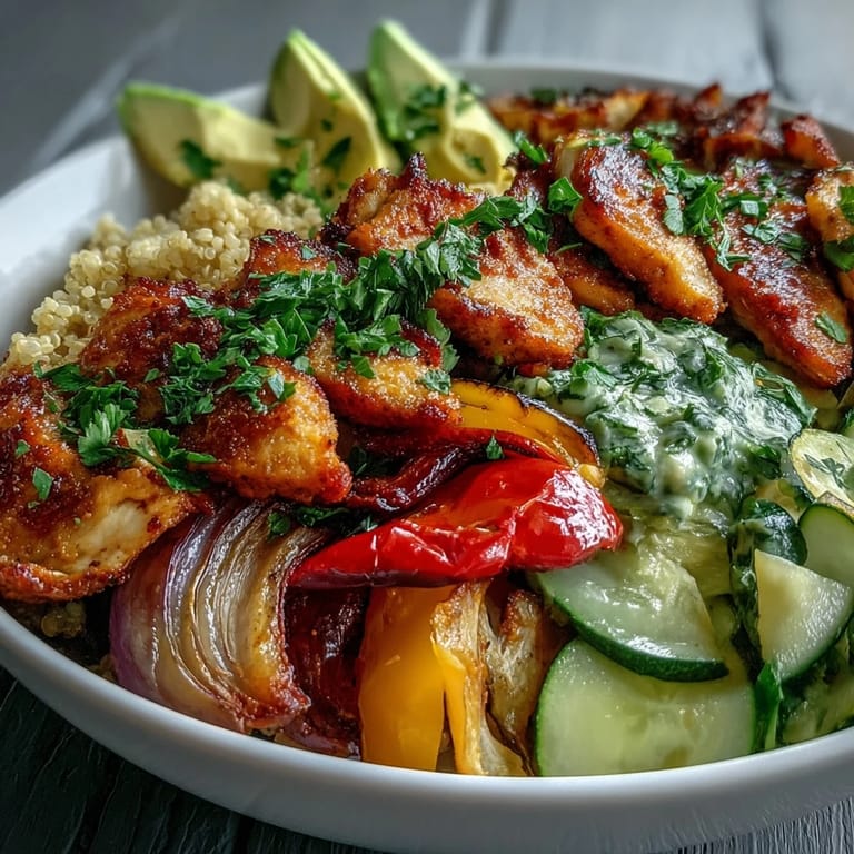 A vibrant Paprika Roasted Vegetable Quinoa Bowl with crisp lemon salad, golden chicken, and colorful roasted veggies.  