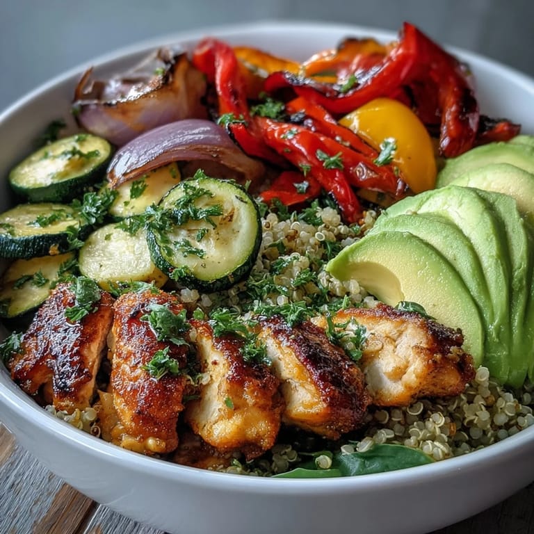 Savory paprika-roasted vegetables, fluffy quinoa, and juicy chicken combine with lemon salad and avocado for a wholesome meal.