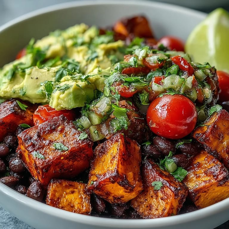 Close-up of a Tex-Mex Sweet Potato and Black Bean Bowl with golden roasted veggies and a drizzle of lime dressing.