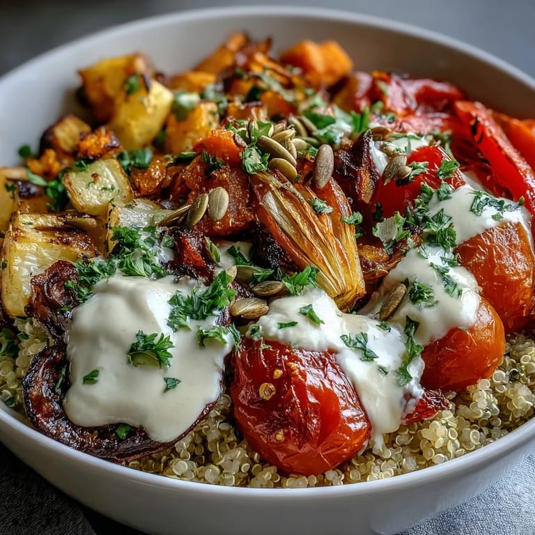 Enjoy this warm Roasted Vegetable Quinoa Bowl, a Mediterranean-inspired vegan main dish perfect for lunch or dinner.
