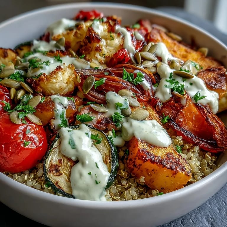 A close-up of a hearty Roasted Vegetable Quinoa Bowl garnished with fresh parsley and crunchy pumpkin seeds.  