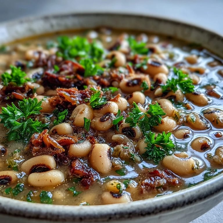 A ladle of hearty Classic New Years Black-Eyed Peas served over steamed white rice, garnished with fresh parsley.