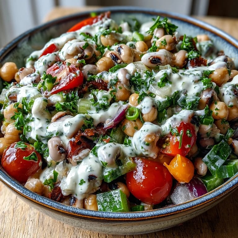 Festive bowl of New Years Hoppin John Salad featuring chickpeas, black-eyed peas, rice, and cherry tomatoes tossed in tangy tahini.