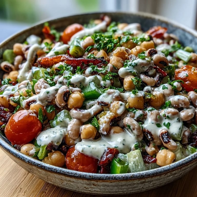 A plated serving of New Years Hoppin John Salad with celery, red onion, and green onions, drizzled with creamy dressing.