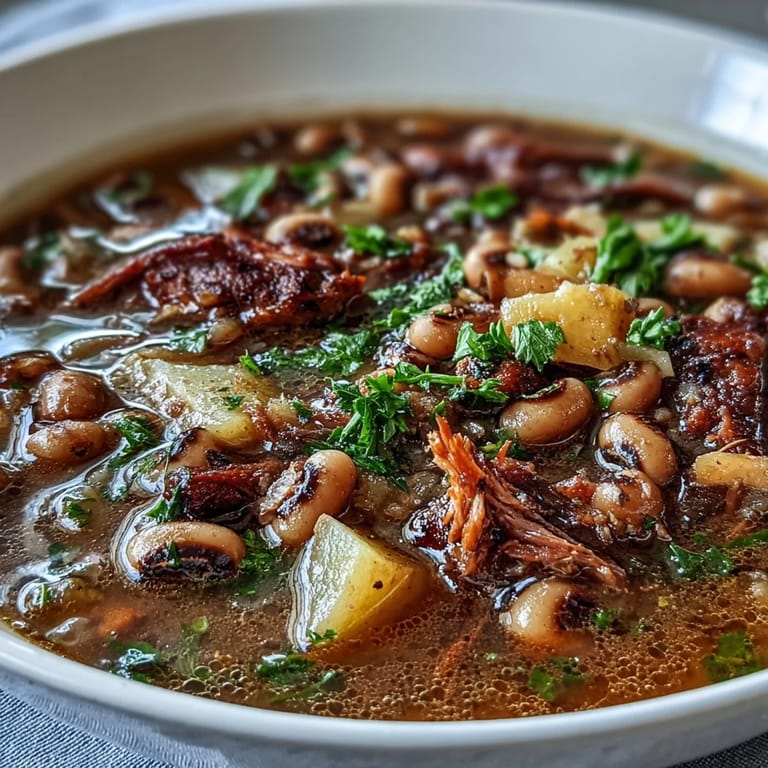 A rich bowl of Black-Eyed Pea Stew with Smoked Ham Hocks, showcasing tender peas and shredded ham in broth.