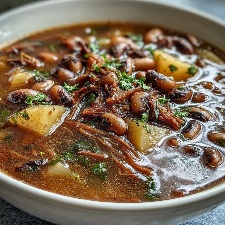 Close-up of Black-Eyed Pea Stew with Smoked Ham Hocks, featuring potatoes, carrots, and a dash of paprika.