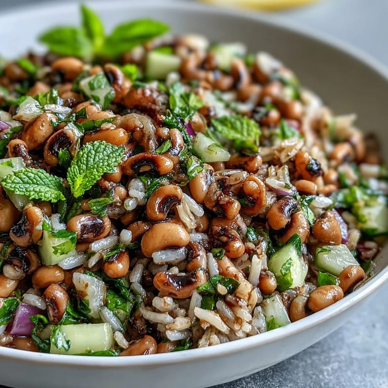 A vibrant spoonful of Southern Black Eyed Pea Salad with brown rice, red onion, and fresh mint leaves.