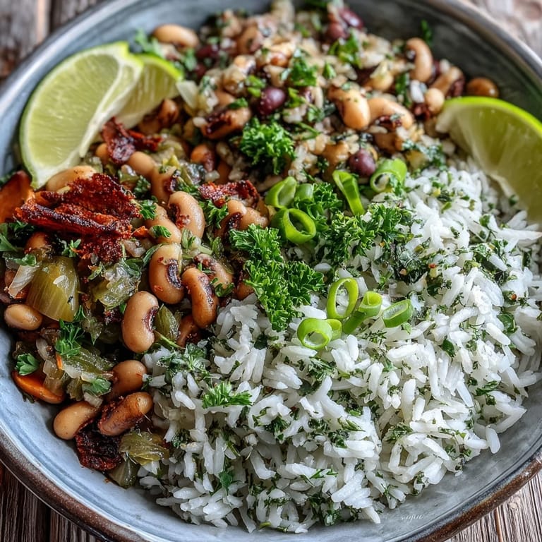 Close-up of plated Vegetarian Hoppin' John with tender black-eyed peas and vegetables over rice, garnished with lemon wedges.