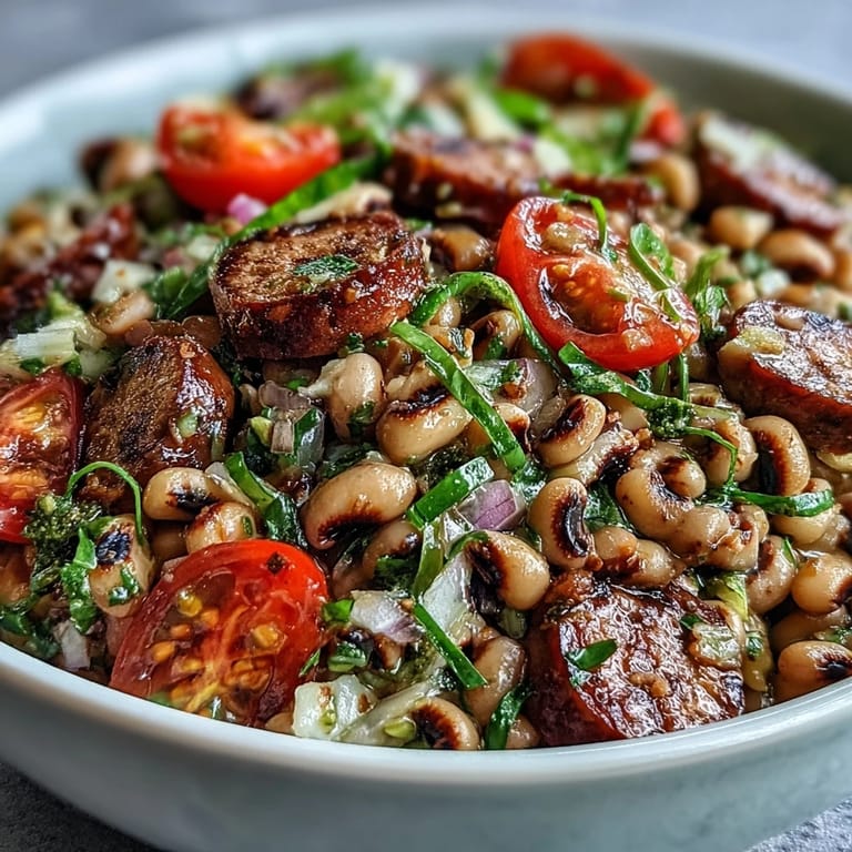 Close-up of Hoppin John Style Black-Eyed Pea Salad featuring juicy turkey sausage, crisp celery, and a glossy mustard-tarragon dressing.