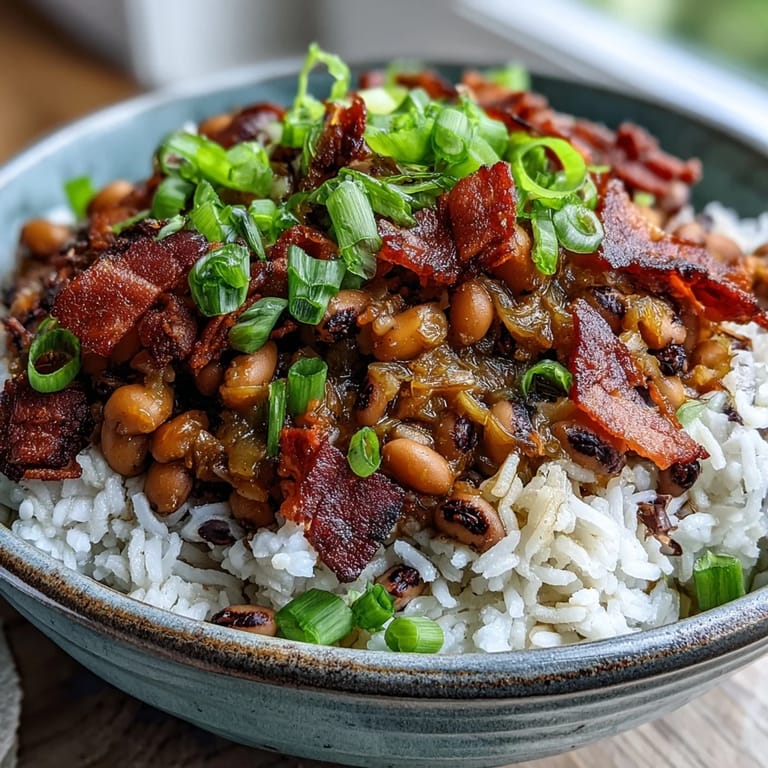 Steam rises from a hearty plate of Hoppin John featuring savory black-eyed peas and smoky bacon, served alongside fluffy white rice.